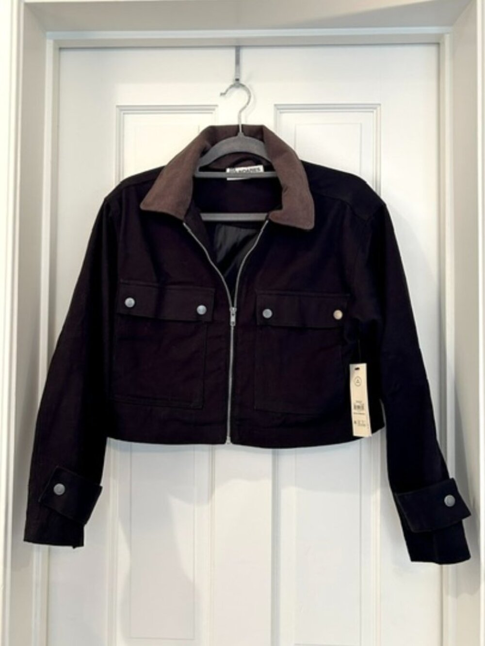 Black Cropped Barn Jacket Brown Collar -Size: XS NWT